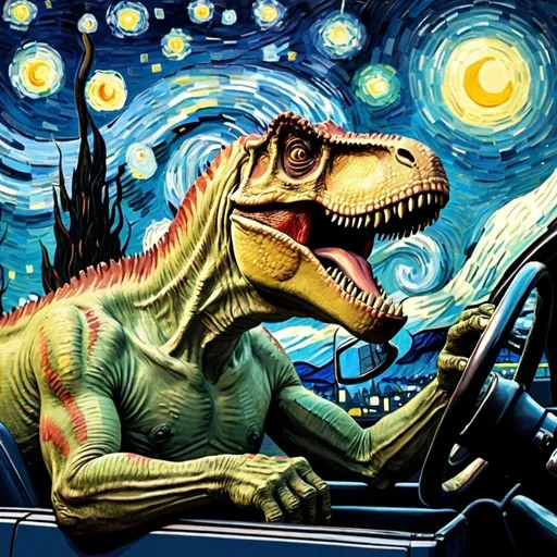 Prompt: [tyrannosaurus is driving a convertible with hand on steering wheel] in the style of "The Starry Night" by Vincent van Gogh
