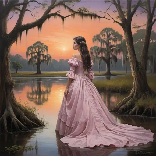 Prompt: Create a UHD, 64K, professional oil painting in the style of 18th-century French art, inspired by the story of Evangeline. Depict Evangeline standing under a large oak tree draped with Spanish moss, gazing out at the Bayou, filled with a sense of longing and melancholy as she waits for her forever lost love, Gabriel.

Evangeline is dressed in a period-appropriate, elegant gown, flowing gently in the breeze. Her expression is one of deep sadness and hope, capturing the emotional depth of her longing. Her hair is softly styled, and she stands gracefully, embodying the poise and beauty of the era.

The oak tree is grand and ancient, its branches heavy with Spanish moss that sways gently in the wind. The setting sun casts a warm, golden light over the scene, creating a serene and magical atmosphere. The Bayou stretches out before her, its calm waters reflecting the colors of the sky,

and the lush greenery of the surrounding landscape. Cypress trees with their roots reaching into the water add to the sense of place and time.

In the background, the Bayou's winding path can be seen, disappearing into the distance, symbolizing the uncertainty and endless wait for her beloved Gabriel. The sky is painted with soft hues of pink, orange, and purple, enhancing the romantic and melancholic mood of the scene.

The overall composition should evoke a sense of timeless beauty, longing, and the enduring power of love and hope. The painting should capture the essence of Evangeline's story and the emotional landscape of her wait by the Bayou.