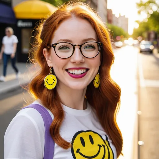 Prompt: the woman is 25-year-old, green eyes. cover with dark freckle. long ginger hair ginger in a French braid. wearing lipstick red. broad rimmed eyeglasses purple.

the is  woman wearing a WHITE t-shirt. 

the WHITE  t-shirt has the classic  1970s  yellow smiley face on it.

 the woman is wearing  earrings.

the earrings  has the classic  1970s  yellow smiley face on them.

 the woman is wearing   blue jean, and tennis shoes.

the woman is  standing on her feet on a sidewalk