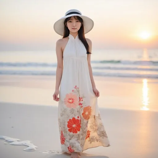 Prompt: japanese woman, 26yo,   (( long flower print Empire Dress with a high neck line and white hat)) standing at sea at dawn,  standing on white beach sand