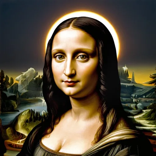 Prompt: "Mona Lisa"  watching a total solar eclipse