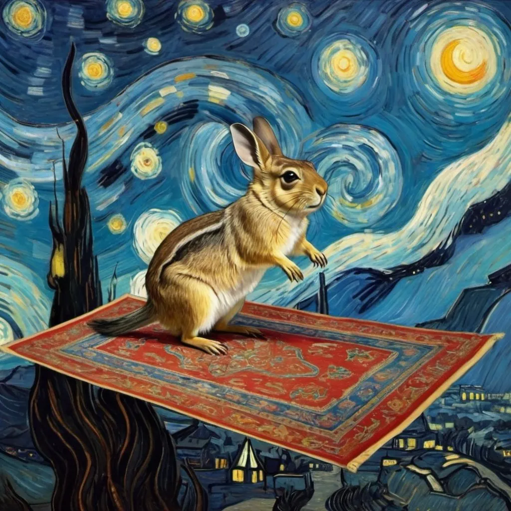 Prompt: A "Viscacha"  flying on a "magic carpet" in "The Starry Night" by Vincent van Gogh