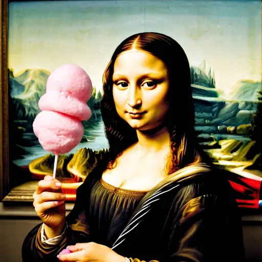 Prompt: The Mona Lisa eating cotton candy
