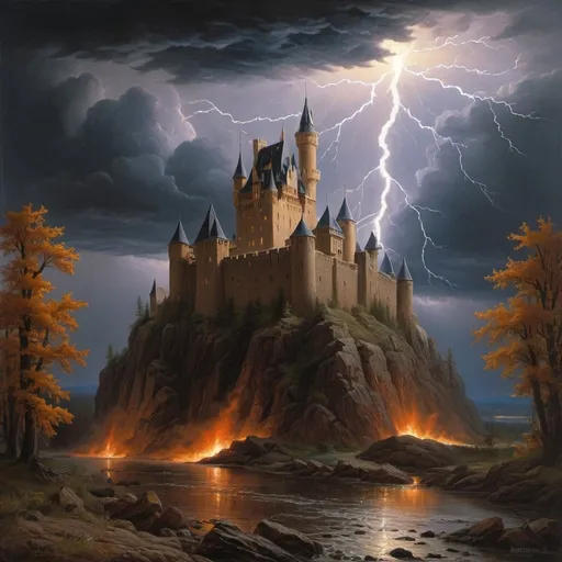 Prompt: a painting of The Castle was a vast and majestic pile standing on an eminence and commanding the whole of the country around, a dark and stormy night,  The tempest broke with a sudden fury the heavens were lit up by a continuous blaze of lightning and the thunder pealed with appalling force, Brothers Hildebrandt, american scene painting, highly detailed oil painting, a fine art painting, UHD, 64K