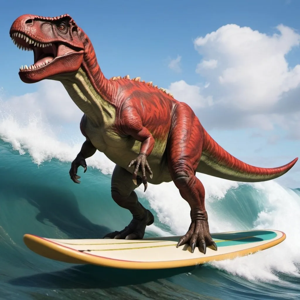 Prompt: tyrannosaurus riding surfboard