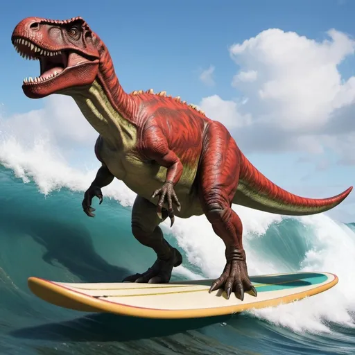 Prompt: tyrannosaurus riding surfboard