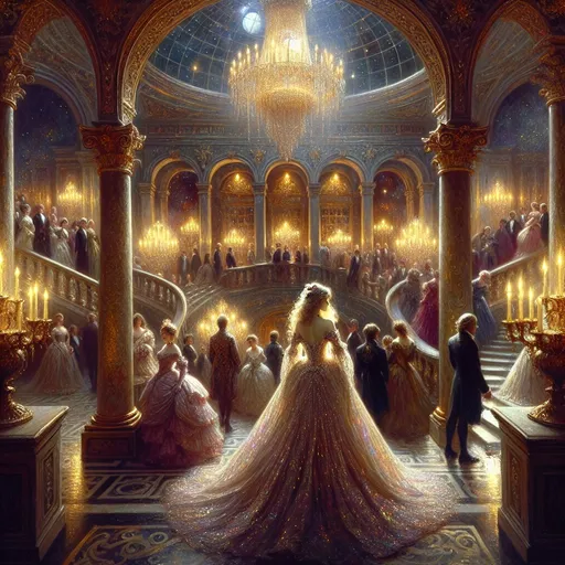 Prompt: Create a UHD,
 64K, 
professional oil painting in the style of Carl Heinrich Bloch, 
blending the American Barbizon School and Flemish Baroque influences. 
Depict Cinderella standing at the top of a grand staircase at the grand ball  in a luxurious and opulent ballroom. Cinderella is dressed in an elegant shimmering gown capturing the light and casting a soft glow around her Cinderella is the center of attention 
with her graceful poise and radiant beauty captivating the guests,
The ballroom is adorned with crystal chandeliers marble floors and intricate golden decorations Noblemen and women in lavish attire are seen dancing 
chatting and enjoying the festivities. 
The scene is bathed in the warm light of hundreds of candles creating an atmosphere of magic and enchantment 
Outside the large arched windows 
a moonlit garden can be seen,
adding to the fairytale ambiance.


  