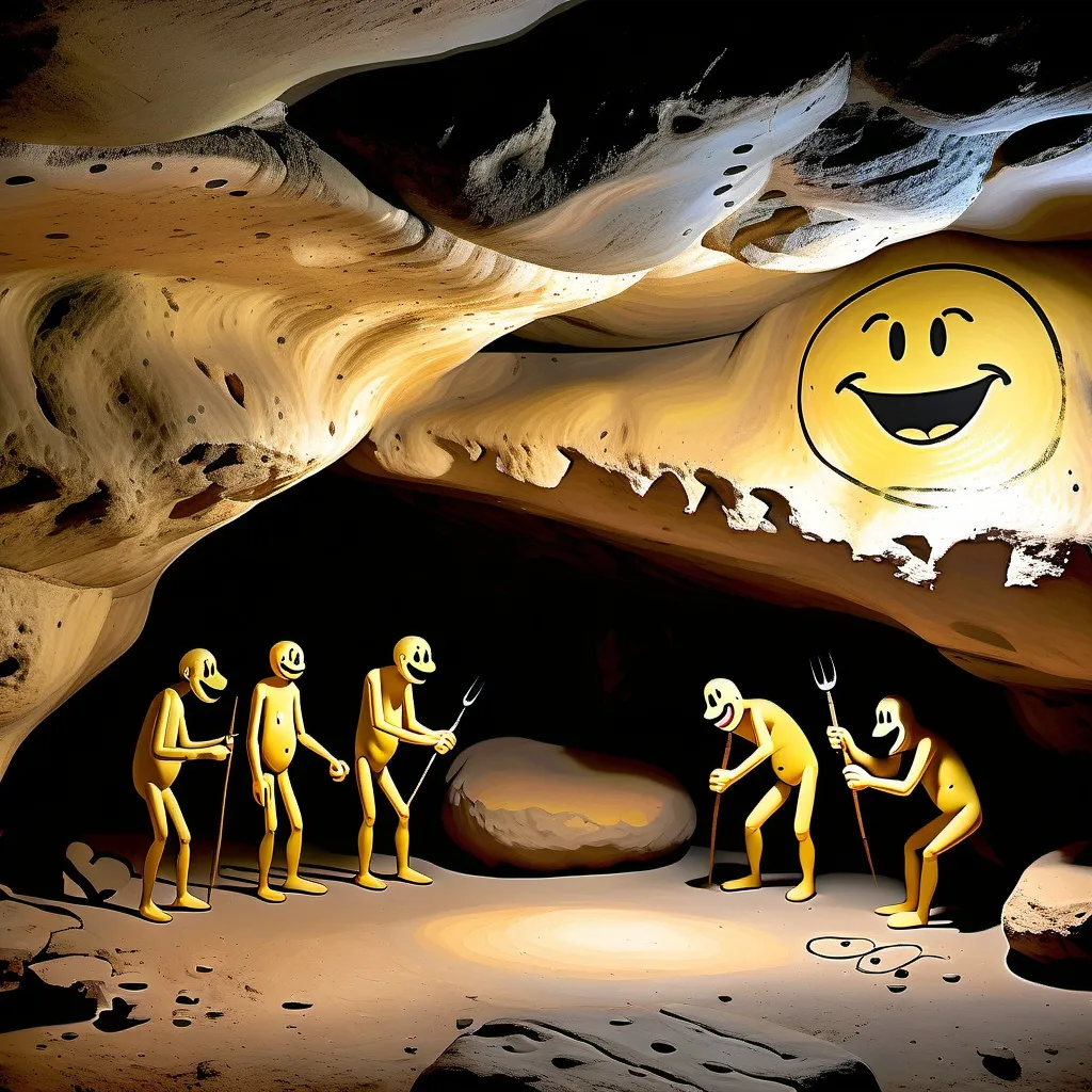 Prompt: prehistoric humans painting the first smiley on a cave wall.