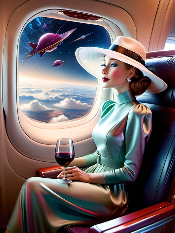 Prompt: a 21-year-old woman in a long flower print Empire Dress with a high neck line and white hat sitting on an airplane seat with a hat on her head drinking red wine,  and (( the Andromeda Galaxy))  in the background with a window, Annie Leibovitz, precisionism, promotional image, an art deco painting  drinking red wine,