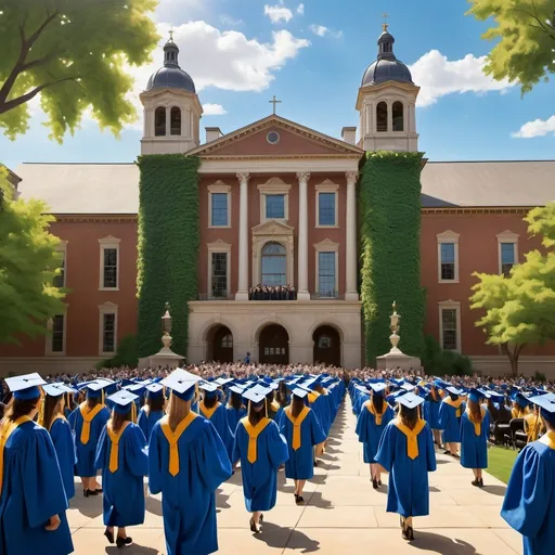 Prompt: Create a UHD, 64K, professional oil painting in the style of Carl Heinrich Bloch, blending the American Barbizon School and Flemish Baroque influences. Depict a lively and jubilant college graduation ceremony set in a grand outdoor courtyard. The scene is filled with graduates in traditional caps and gowns, their faces beaming with pride and excitement. In the foreground, a young graduate stands tall, holding her diploma, surrounded by friends and family celebrating the moment. The backdrop includes a majestic, ivy-covered college building with classic architectural elements such as columns and arches. The sky is a clear, brilliant blue, and sunlight bathes the entire scene, casting warm and welcoming tones. Professors in academic regalia can be seen on a stage, applauding as graduates walk across to receive their diplomas. The atmosphere is festive, with decorations like banners and balloons adding to the joyous occasion. Trees and flowers in full bloom surround the area, enhancing the sense of celebration and new beginnings.