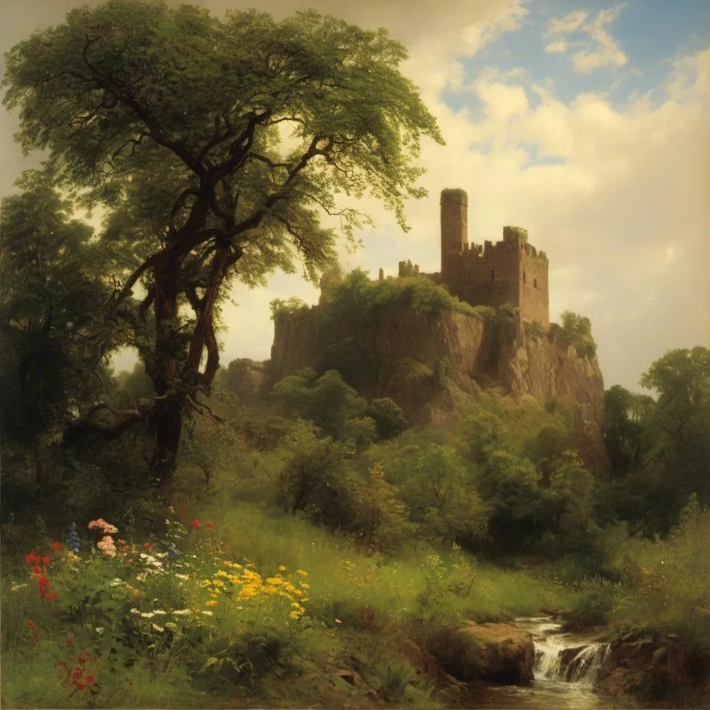 Prompt: <mymodel>a painting of a castle  overgrown with vines and wildflowers  with a path leading to it and flowers in front of it and a fence and a stream in a field with flowers and trees around, The castle itself  though old and ruined in many parts had evidently been at one time a place of considerable strength, in the style of Carl Heinrich Bloch, blending the American Barbizon School and Flemish Baroque influences.  
