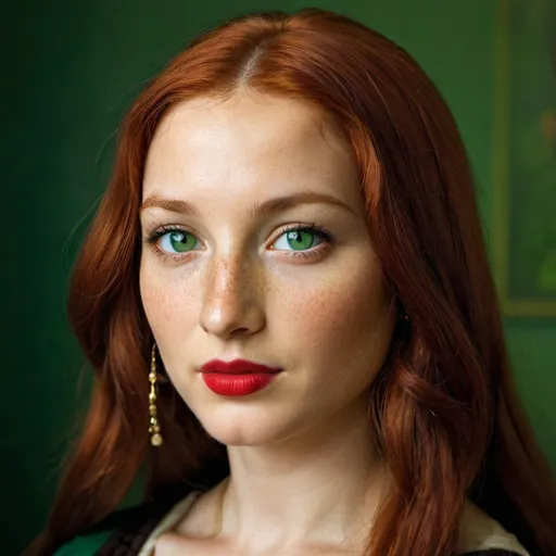 Prompt: Mona Lisa, freckle, red hair, green eyes, red lipstick