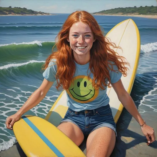 Prompt: a full-length portrait painting, 27 year-old woman, 
riding a surfboard  going for the tube
cover with dark freckle,
green eyes, 
long ginger hair
a smile on her face, 
smiley-face  t-shirt, 
long blue jean,
red and blue tennis shoes,
1970s oil painting,

