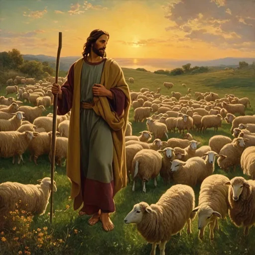 Prompt: a painting of Jesus as the shepherd  in a field of sheep with the sun setting behind him and a shepherd standing in the grass.<mymodel>