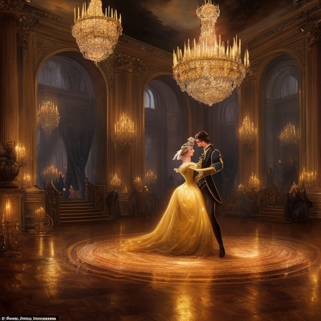 Prompt: Create a UHD, 64K, professional oil painting in the style of Carl Heinrich Bloch, blending the American Barbizon School and Flemish Baroque influences. Depict Cinderella at the grand ball, in a luxurious and opulent ballroom. Cinderella is dressed in an elegant, shimmering gown, capturing the light and casting a soft glow around her. The ballroom is adorned with crystal chandeliers, marble floors, and intricate golden decorations. Noblemen and women in lavish attire are seen dancing, chatting, and enjoying the festivities. Cinderella, standing at the top of a grand staircase, is the center of attention, with her graceful poise and radiant beauty captivating the guests. The scene is bathed in the warm light of hundreds of candles, creating an atmosphere of magic and enchantment. Outside the large, arched windows, a moonlit garden can be seen, adding to the fairytale ambiance.  