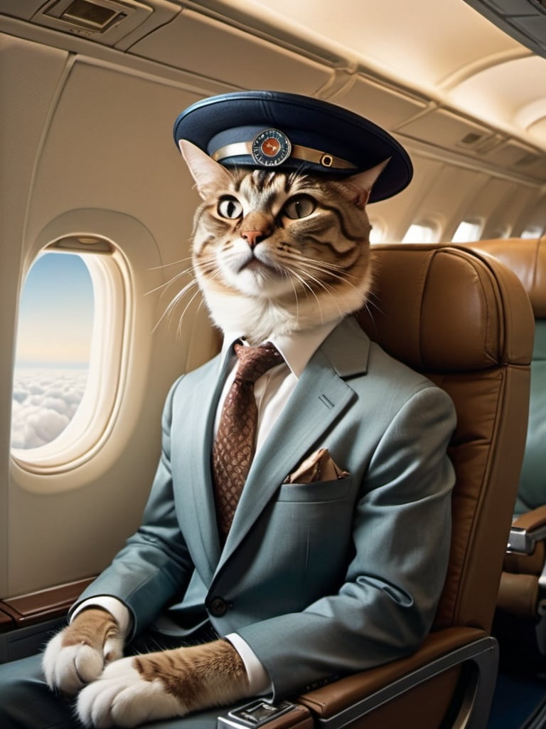 Prompt: a  anthropomorphic cat sitting on an airplane seat with a hat on his head and a UFO in the background with a window, Annie Leibovitz, precisionism, promotional image, an art deco painting