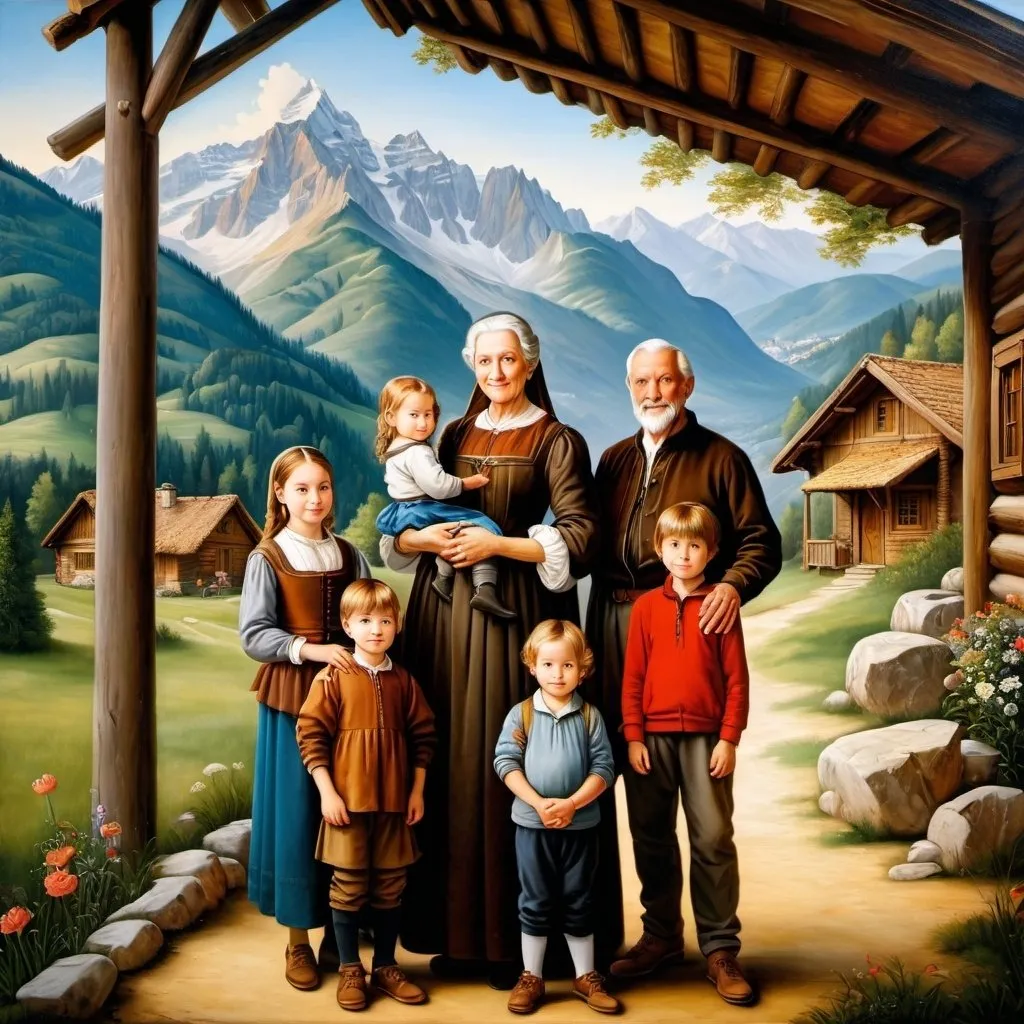 Prompt: painting of
Grandmother and grandfather and (5yo grandchild) and (7yo grandchild) and (9yo grandchild) and (12yo grandchild ) front of a painting of a cabin in the mountains with a mountain backdrop and a cabin in the background, 
Leonardo da Vinci, 
Italian Renaissance art,
highly detailed oil painting, 
a detailed painting