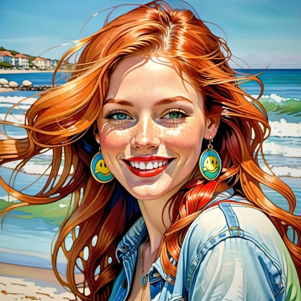 Prompt: photorealistic portrait of a [(27 year-old woman), (cover with dark freckle), (green eyes), (long ginger hair), (red lipstick), (a smile on her face), (earrings with a SMILEY face on it's earring hooks), (smiley face t-shirt), (long blue jean), (red and blue tennis shoes),] on the beach, looking very happy at attacking UFO,