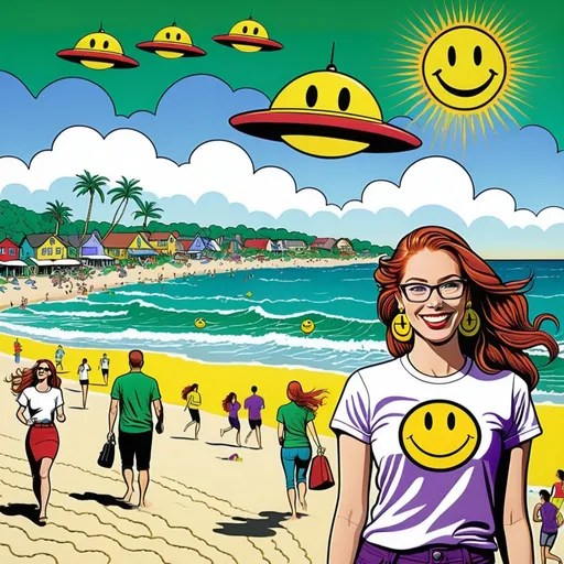 Prompt: photo 

25-year-old woman, green eyes. cover with dark freckle. long ginger hair ginger in a French braid. wearing lipstick red. broad rimmed eyeglasses purple

the is  woman wearing a white t-shirt. 

the  t-shirt has a yellow smiley face with two eyes and a smile on it's face, with a black outline, Dave Gibbons, naive art, smile, a digital rendering

 the woman is wearing  earrings.

the earrings has a yellow smiley face with two eyes and a smile on it's face, with a black outline, Dave Gibbons, naive art, smile, a digital rendering


the beach, while UFO is attacking while people are running for their lives


photo