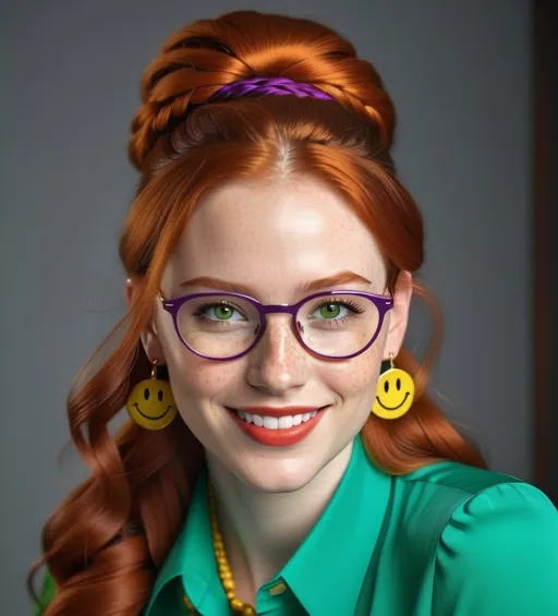 Prompt: 25-year-old woman with earrings 1970s smiley face yellow, green eyes. cover with dark freckle. long ginger hair ginger in a French braid. wearing lipstick red. broad rimmed eyeglasses purple .  yellow blouse, blue  slacks, photo, professional photo. Studio lighting, backlit, realistic lighting. hdr uhd 8k ultra-realistic render, 