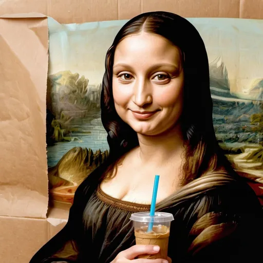 Prompt: Mona Lisa  smiling while sipping through a straw from a glass  bottle in a wrinkled brown paper.