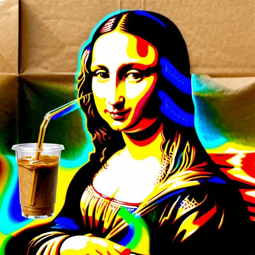 Prompt: Mona Lisa sipping through  "a straw in an open glass bottle in a wrinkled brown paper."