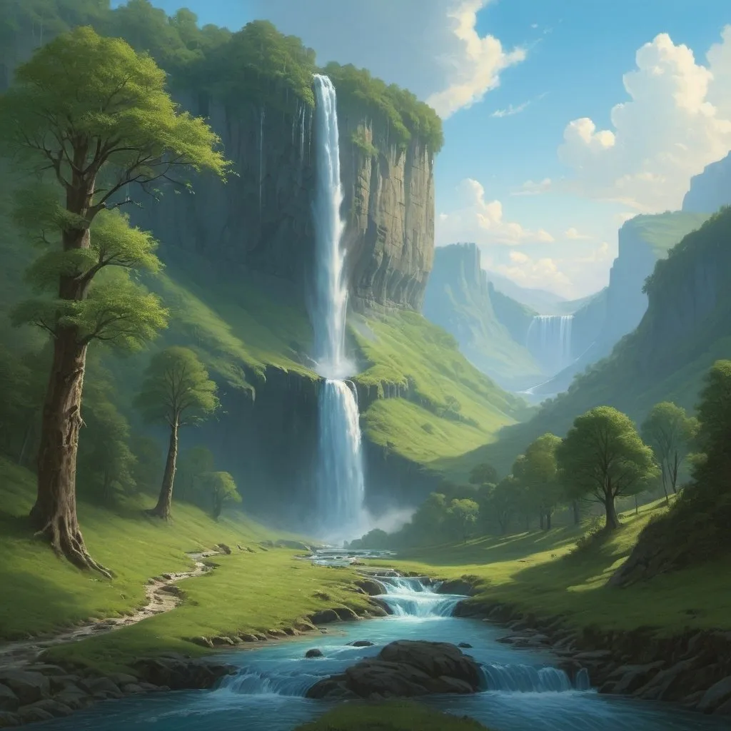 Prompt: a painting of a waterfall in a green valley with trees and a stream running through it, with a blue sky, Christophe Vacher, fantasy art, matte painting, a detailed matte painting