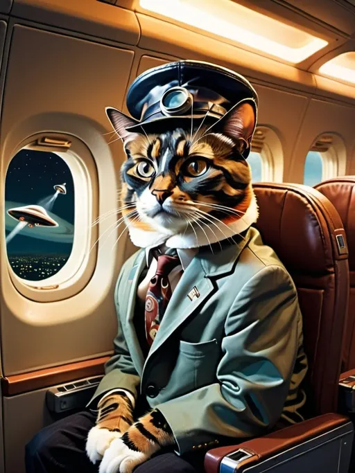 Prompt: a  anthropomorphic Tortoiseshell  cat sitting on an airplane seat with a hat on his head and a attacking UFO in the night shy in the background with a window, Annie Leibovitz, precisionism, promotional image, an art deco painting