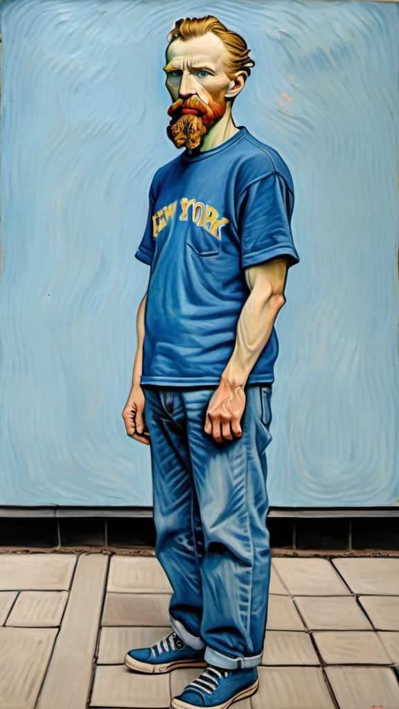 Prompt: a full-length portrait painting,
Vincent van Gogh,
standing on the sidewalk outside the 	Museum of Modern Art, New York 
New York souvenir t-shirt, 
long blue jean,
blue tennis shoes,
oil painting
