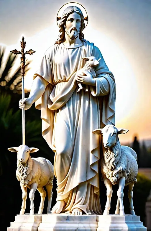 Prompt: White Marble statue of Jesus with halo as the good shepherd holding a lamb and a shepherd staff,  high quality, classical sculpture, ancient Greek, detailed features, white marble, elegant pose, graceful, soft lighting, traditional, historical, realistic details, classical art, serene expression, lifelike, smooth curves, god-like, ancient beauty, classical, sophisticated, traditional sculpture, elegant, natural lighting.