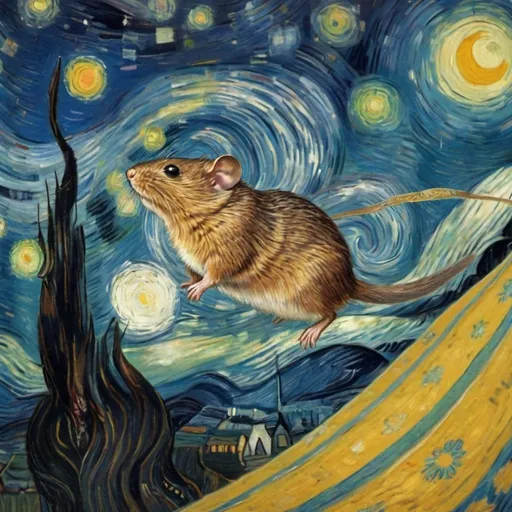 Prompt: A "Vole"  flying on a "magic carpet" in "The Starry Night" by Vincent van Gogh