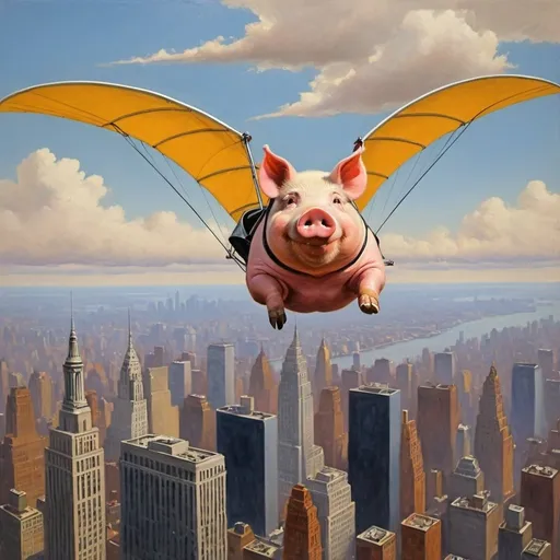 Prompt: a  pig ,  flying over New York city  on hang glider, 1970s oil painting,

