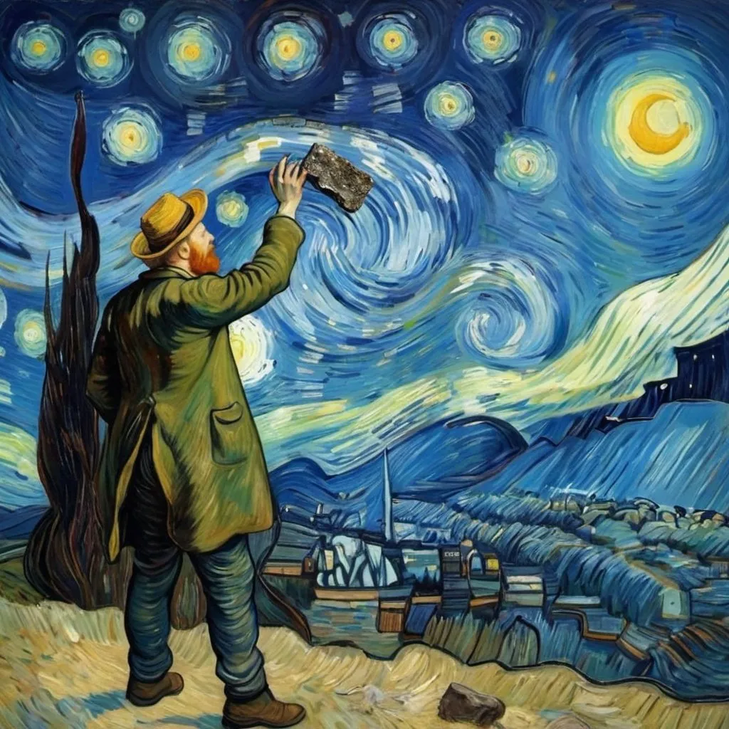 Prompt:  catching a meteorite in "The Starry Night" by Vincent van Gogh