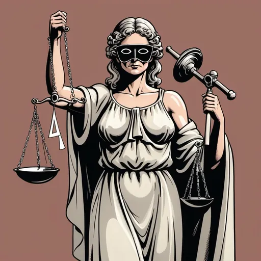 Prompt: A political cartoon illustrating  Lady Justice, with a blindfold, covers her eyes in a full robe she is holding  a Pair Of Scales



