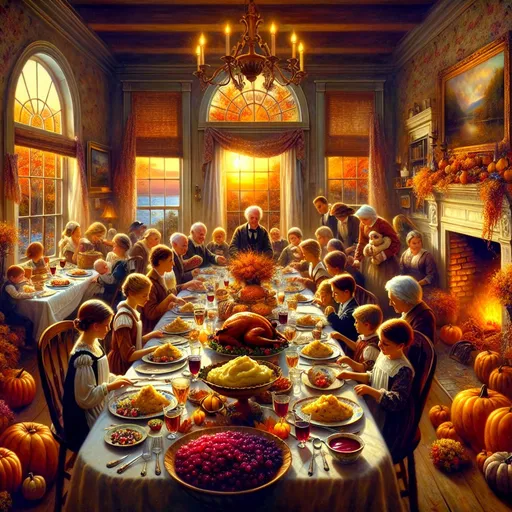 Prompt: Create a UHD, 64K, professional oil painting in the style of Carl Heinrich Bloch, blending the American Barbizon School and Flemish Baroque influences. Depict a warm, inviting scene of a Thanksgiving dinner at grandmother's house. The table is set with a bountiful feast, including a golden roasted turkey, bowls of mashed potatoes, gravy, cranberry sauce, and an assortment of vegetables. The dining room is filled with the soft glow of candlelight and the cozy warmth of a crackling fireplace. Family members of all ages are gathered around the table, their faces lit with joy and laughter. The room is adorned with autumnal decorations, such as pumpkins, leaves, and cornucopias. In the background, through a large window, a picturesque view of a late autumn landscape can be seen, with golden leaves and a setting sun casting a warm glow over the scene.
