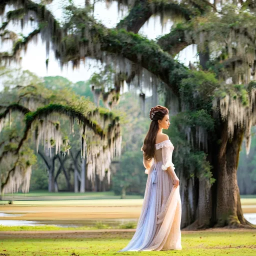 Prompt: 18th century French, Evangeline standing under an oak tree Spanish moss  looking  at  the  Bayou waiting for her forever lost love Gabriel 