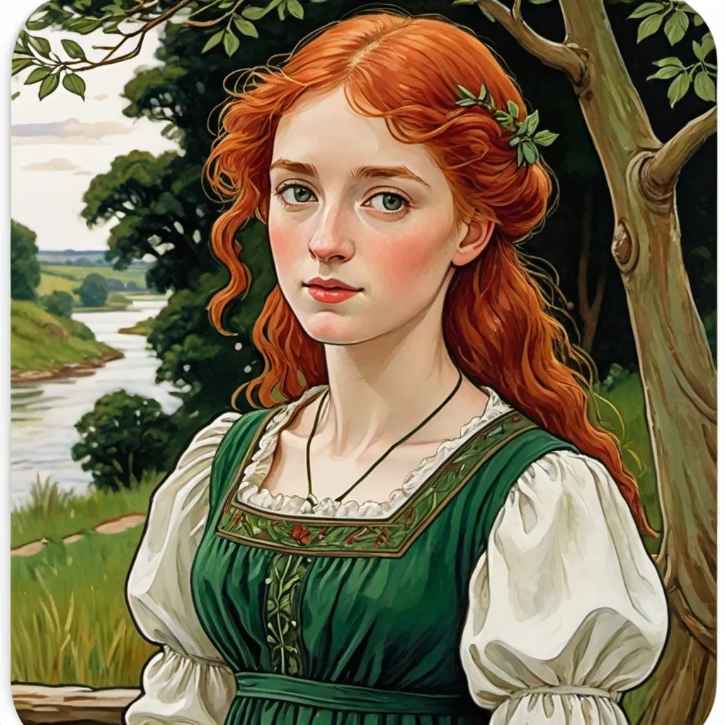 Prompt: a painting of a woman with red hair and a green dress and a white shirt and a tree and a river, Anne Said, pre-raphaelitism, pre - raphaelite, an ultrafine detailed painting

Anne Shirley at age of 21, by L. M. Montgomery