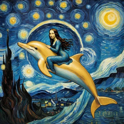 Prompt: Mona Lisa riding a dolphin in  "The Starry Night" by Vincent van Gogh
