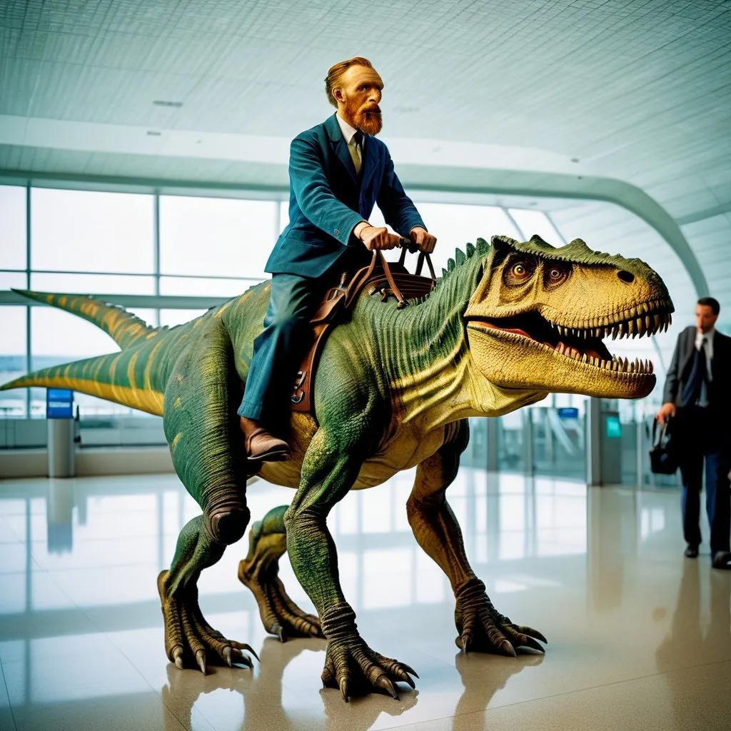 Prompt: "Vincent van Gogh"  riding a tyrannosaurus in  an airport, 
photo 