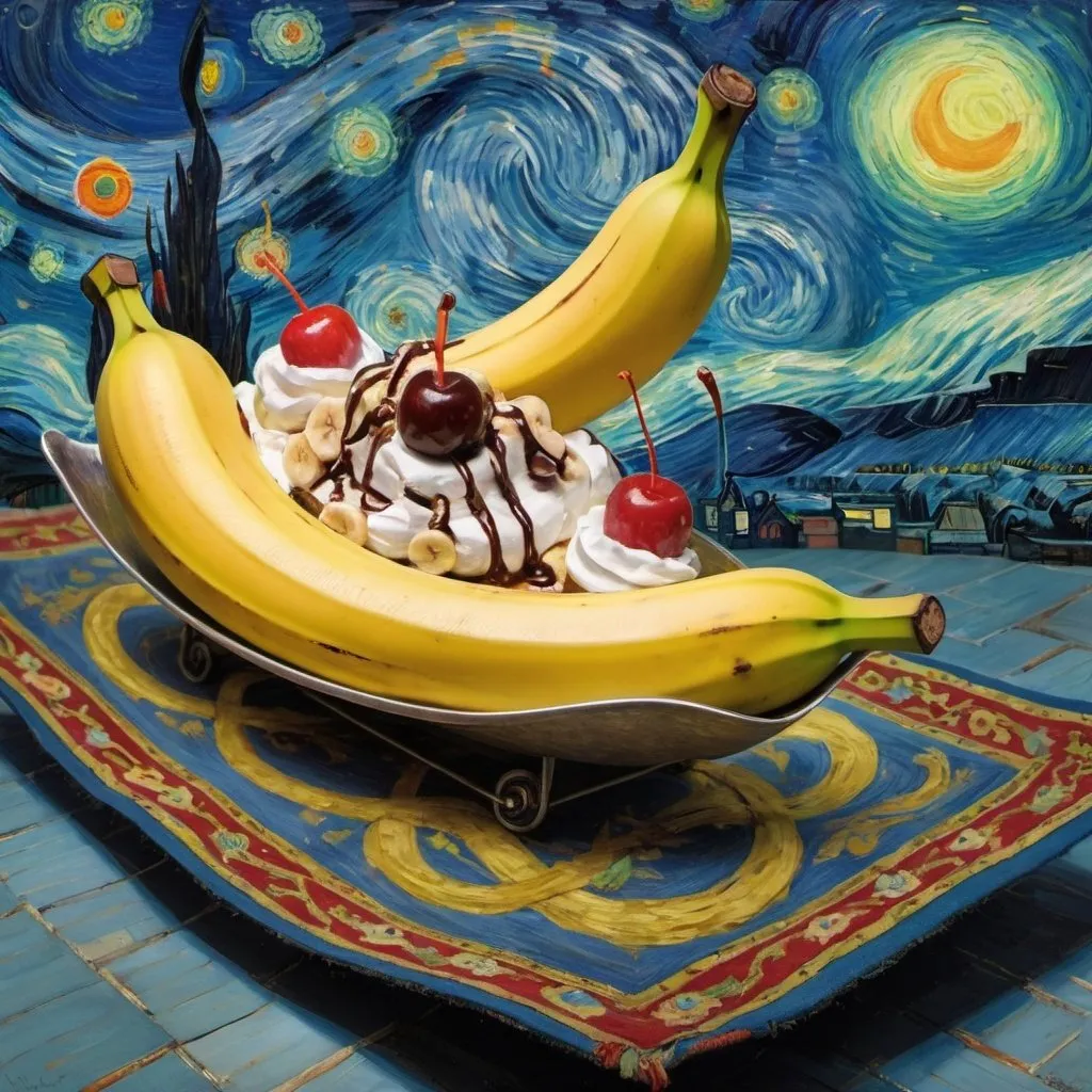 Prompt: A "banana split" flying on a "magic carpet" in "The Starry Night" by Vincent van Gogh