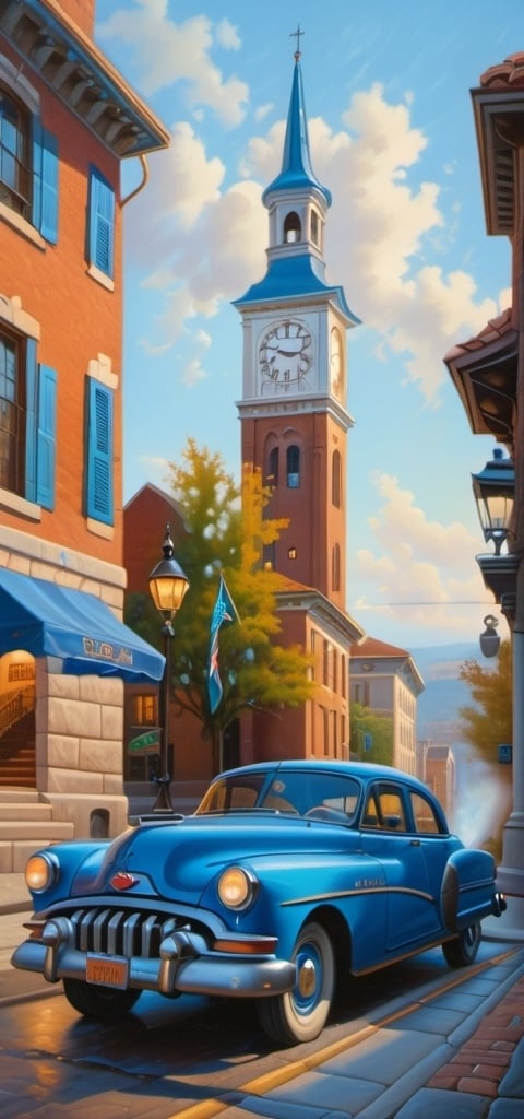 Prompt: a painting of a blue car driving down a street next to a clock tower and a clock tower with a flag, Evgeny Lushpin, american scene painting, city background, a detailed matte painting