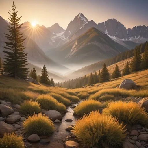 Prompt: Rocky mountains at sunrise, 
wide angle view, 
full depth of field, 
beautiful, 
high resolution, 
realistic, 
detailed foliage,
serene atmosphere, 
golden hour lighting, 
misty valleys,
majestic peaks, 
natural beauty,
landscape painting, 
professional quality, 
sunrise,
mountain range, 
misty valleys, 
realistic, 
detailed foliage,
serene atmosphere, 
wide angle view, 
full depth of field, 
beautiful, high resolution, 
golden hour lighting, 
majestic peaks, 
natural beauty