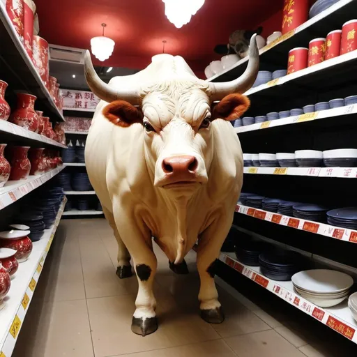 Prompt: A bull in a china shop knocked over shelves of china