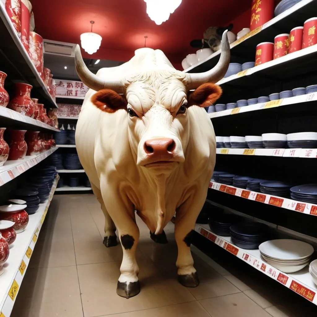 Prompt: A bull in a china shop knocked over shelves of china