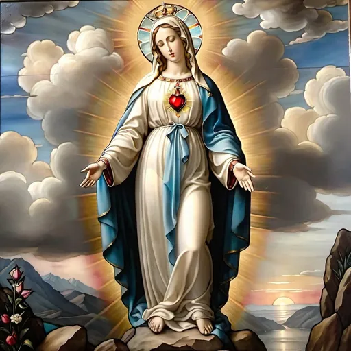 Prompt: a painting of  Virgin Mary with her immaculate heart, standing on a rock with clouds in the background,