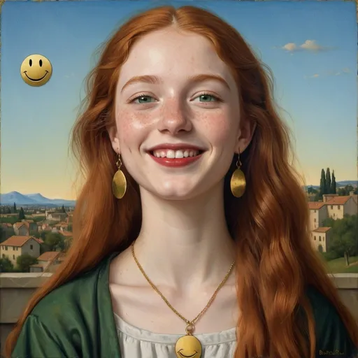 Prompt: a half-length portrait painting  of 20 year-old woman cover with dark freckle green eyes  long ginger hair red lipstick  on a smile on her face, "smiley-face gold earrings",  T-shirt, with a green background and a blue sky, Fra Bartolomeo, academic art, renaissance oil painting, a painting in the style of  Mona Lisa