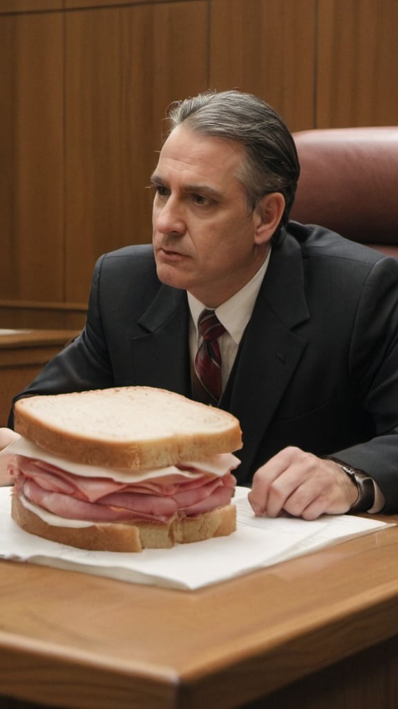 Prompt: an indictment ham sandwich on the witness stand in court