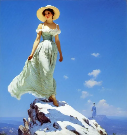 Prompt: a ((a 21-year-old woman in a long flower print Empire Dress with a high neck line and white hat)) standing facing US on top of a mountain with a blue sky in the background, Ella Guru, symbolism, giantess art, an album cover <mymodel> 