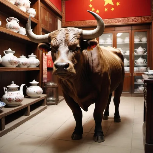 Prompt: A bull in a china shop breaking china