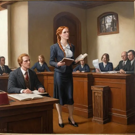 Prompt: a painting of a standing woman  working a lawyer lawyer arguing a case before a court of appeals, 
beautiful 35-year-old woman with long ginger hair ginger in a French braid, Evelyn De Morgan, pre-raphaelitism, pre - raphaelite, an art deco painting
 